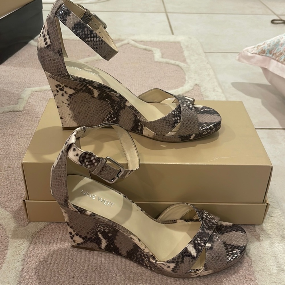 Patent Snake Print Wedge Sandals